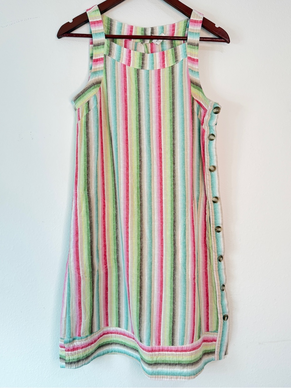 For Cynthia Colorful Striped Mini Dress Linen Blend Women Small Boho Side Button